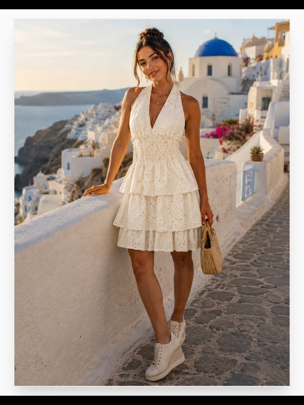 New Dress Classic White Eyelet Halter Tiered Mini Dress Strectable Smocked Waist